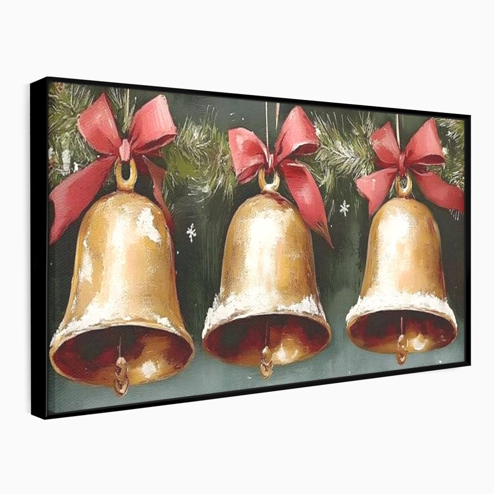 Tablou canvas cu pictura cu clopote aurii de craciun, in rama de aluminiu negru